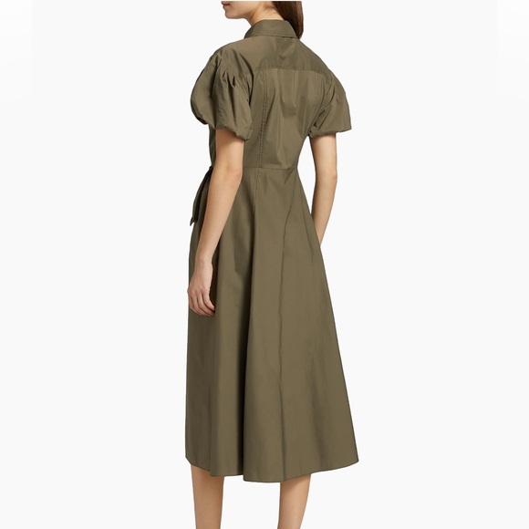 Olive Green Puff Sleeve Tie Waist Midi Dress - Picture 3 of 4